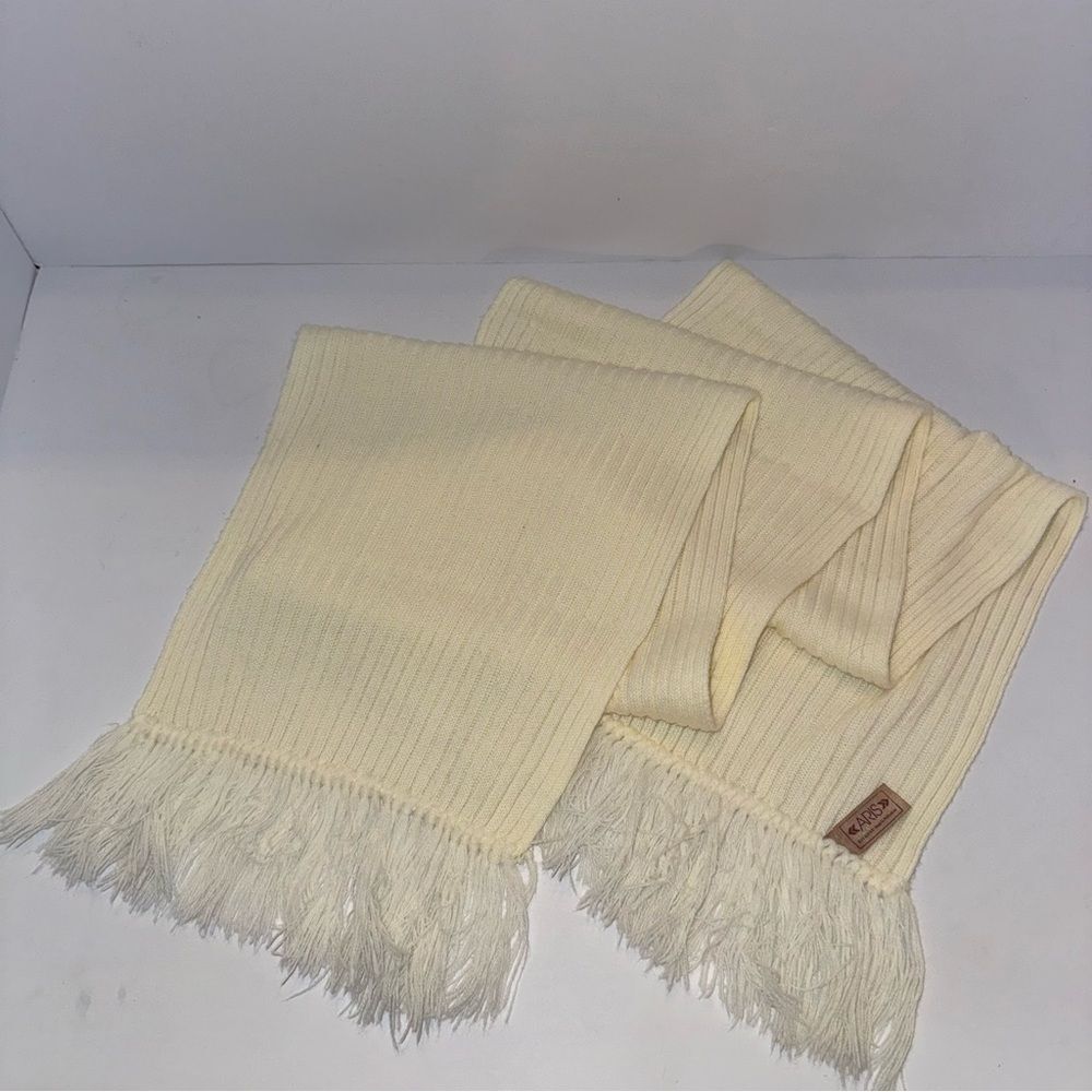 Aris Cream Ribbed Knit Scarf with Fringe